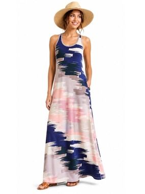 TORI RICHARD Racerback Maxi Dress Watercolour Blue Pink Print MADE IN HAWAII S
